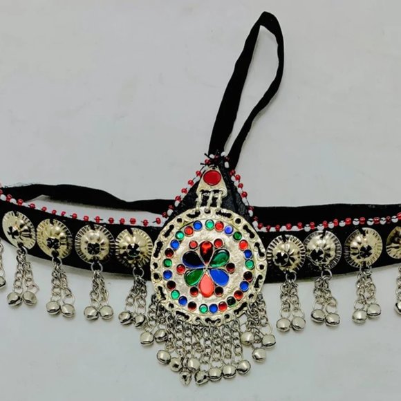 Silver Matha Patti, Traditional Matha Patti With Multicolor Glass Stone and Bell - Picture 3 of 14